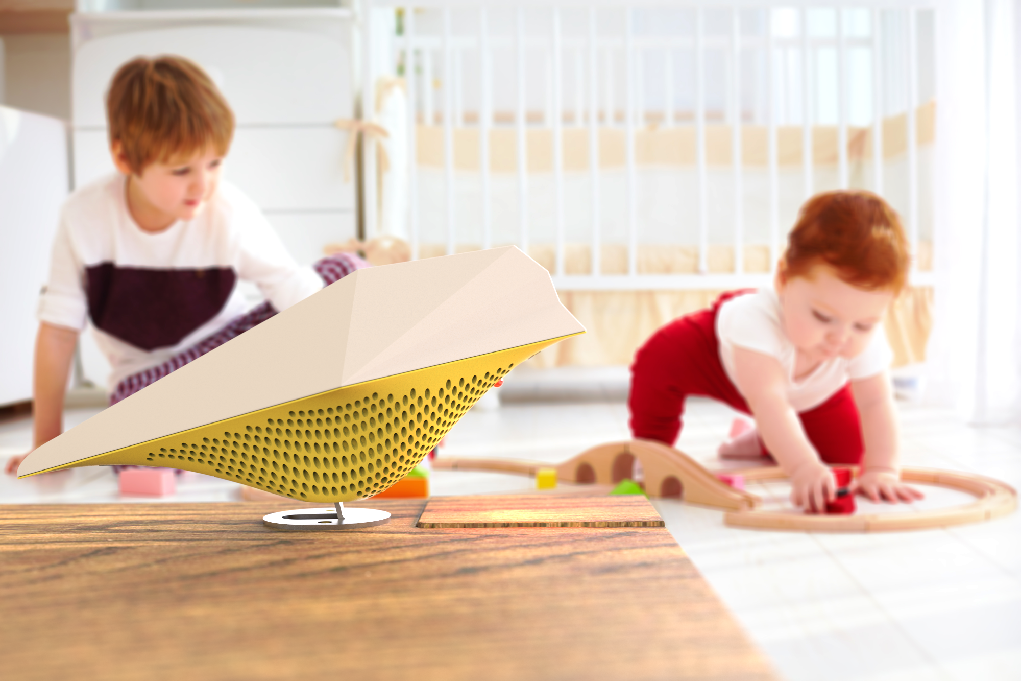 Two children playing in room. AirBird is turned on to chirp when CO2 levels are high. Reminder to open windows.