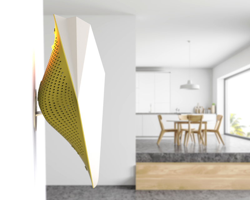 AirBird in Canary Yellow mounted on living room wall.