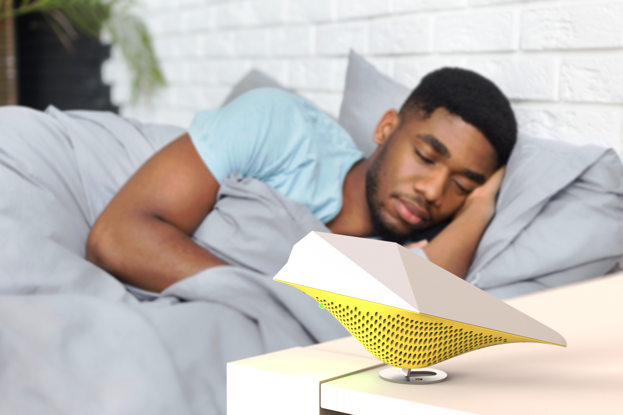 Man sleeping well with AirBird monitoring air quality and CO2 levels